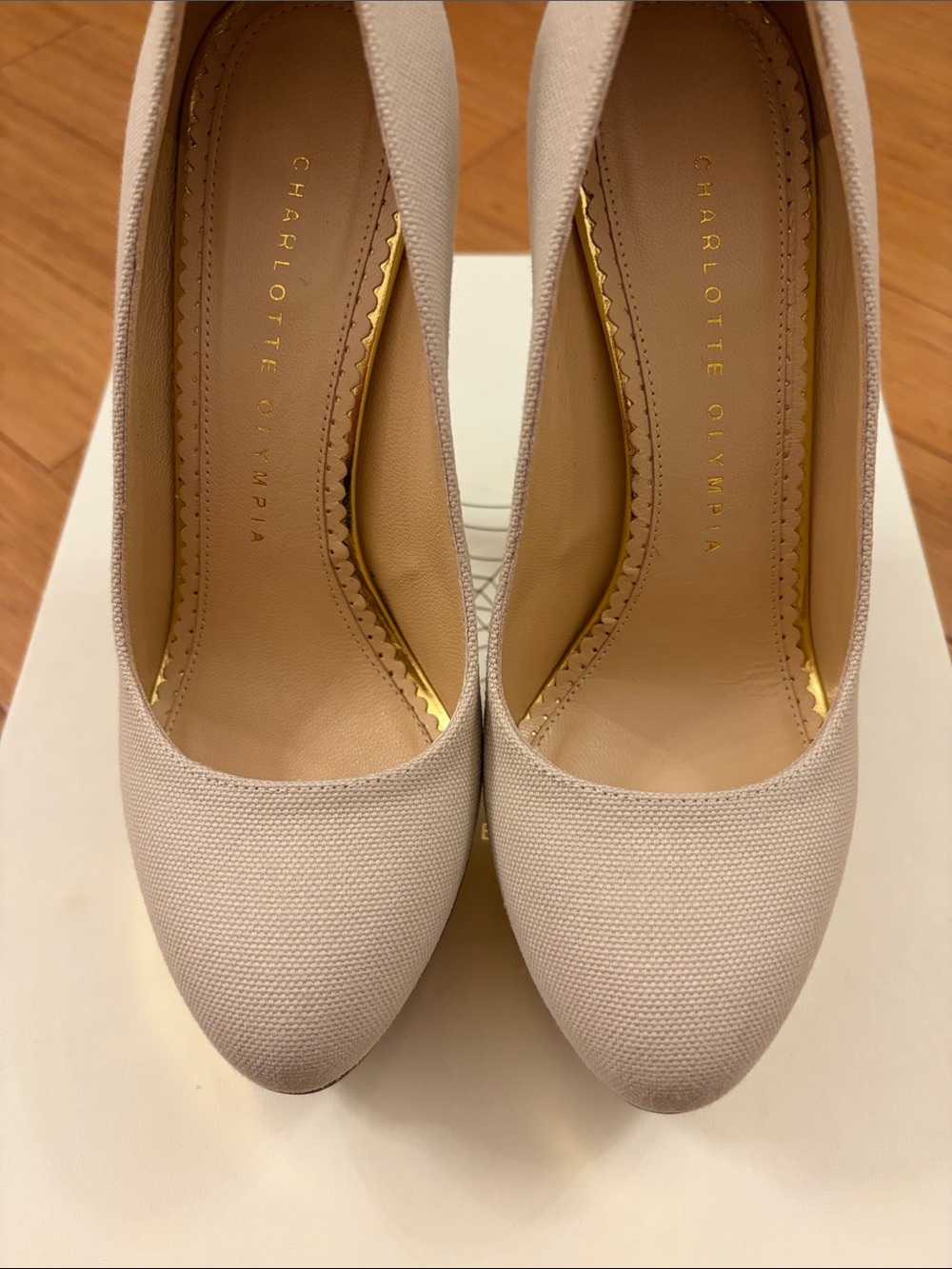 Charlotte Olympia Cream and Gold Platform Peep-Toe Pumps